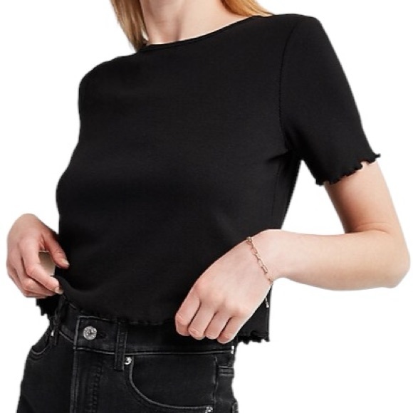 NEW Express Black Cropped Ruffle Trim Open Back Short Sleeve Tee Size Small - Picture 2 of 10
